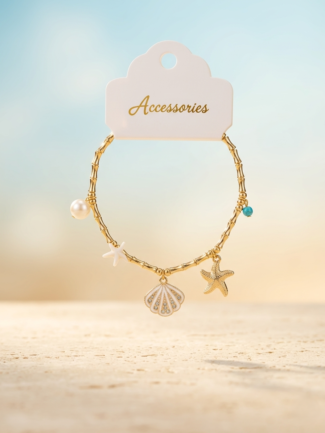 🌊💎 Deniz Esintisi: Altın Renk Sallantılı Charm Bileklik ✨🐚