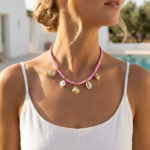 Kadın Pembe Desenli Fimo Boncuklu Midye Charm Choker Kolye