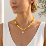 Kadın Sarı Fimo Boncuk ve Sitrin Renk Doğal Taşlı Gold Güneş Charm Kolye