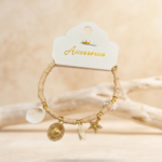 Kadın Bej Fimo Boncuklu Gold Kalp ve Denizyıldızı Charm Bileklik