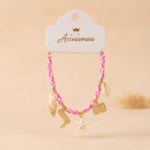 Kadın Pembe Desenli Fimo Boncuklu Gold Valiz ve Çizme Charm Bileklik